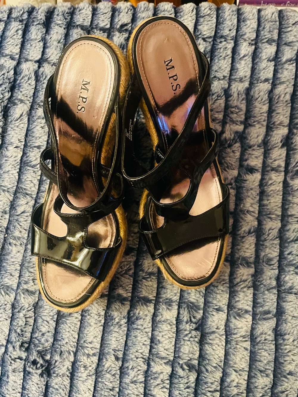 M.P.S. Black Patent Wedge Sandals